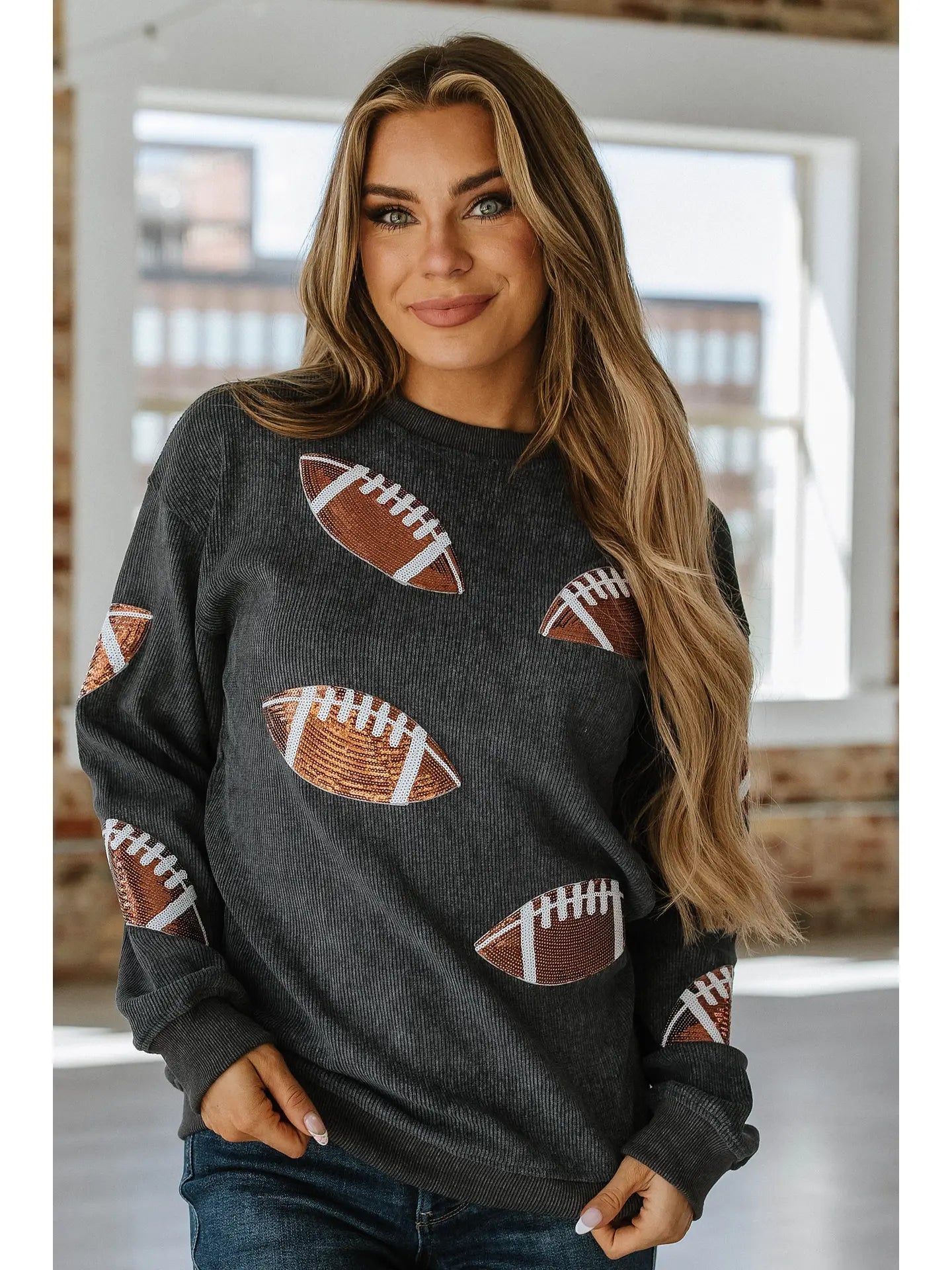 Sequin Football Corded Sweatshirt Hoodie with Sequins Glamorous Eye-catching