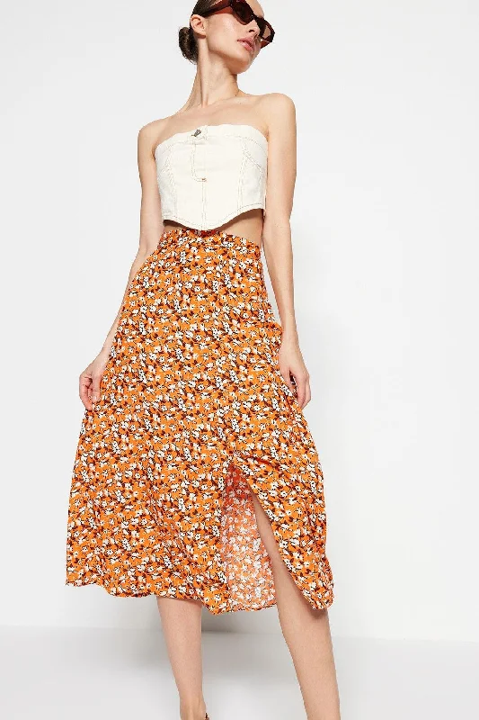 Orange Midi Woven Slit Detailed Viscose Fabric Floral Patterned Skirt TWOSS20ET0230 pencil skirt chic