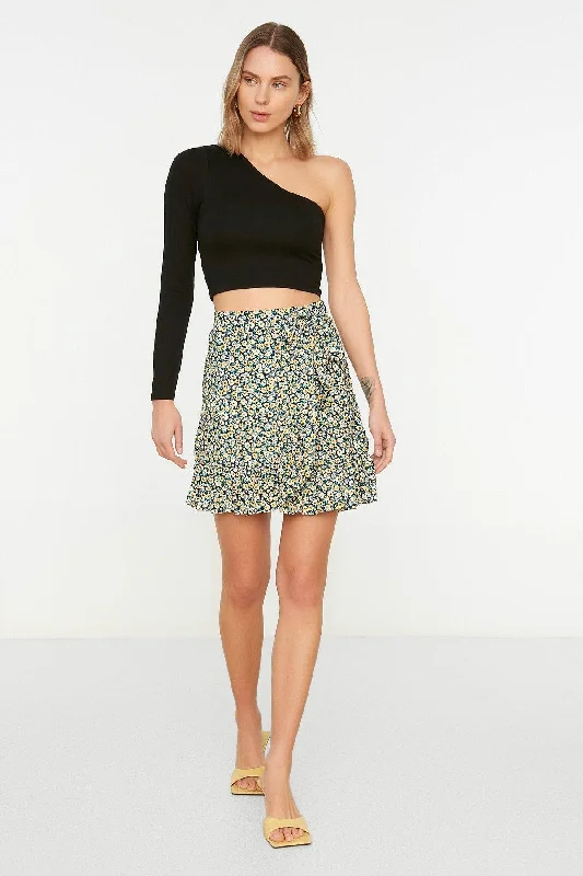 Dark Navy Printed Ruffle High Waist Mini Stretch Knitted Skirt TWOSS21ET0010 flowy skirt hem