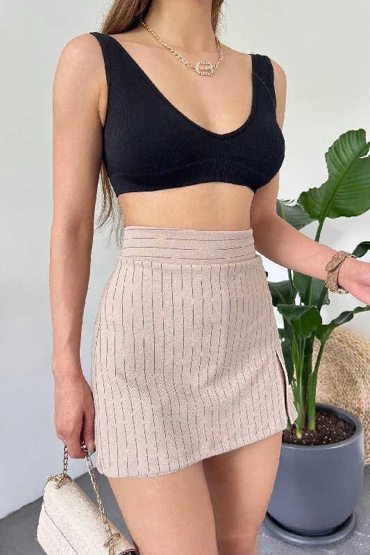 Women's Beige Striped Flexible Short Skirt velvet skirt luxury