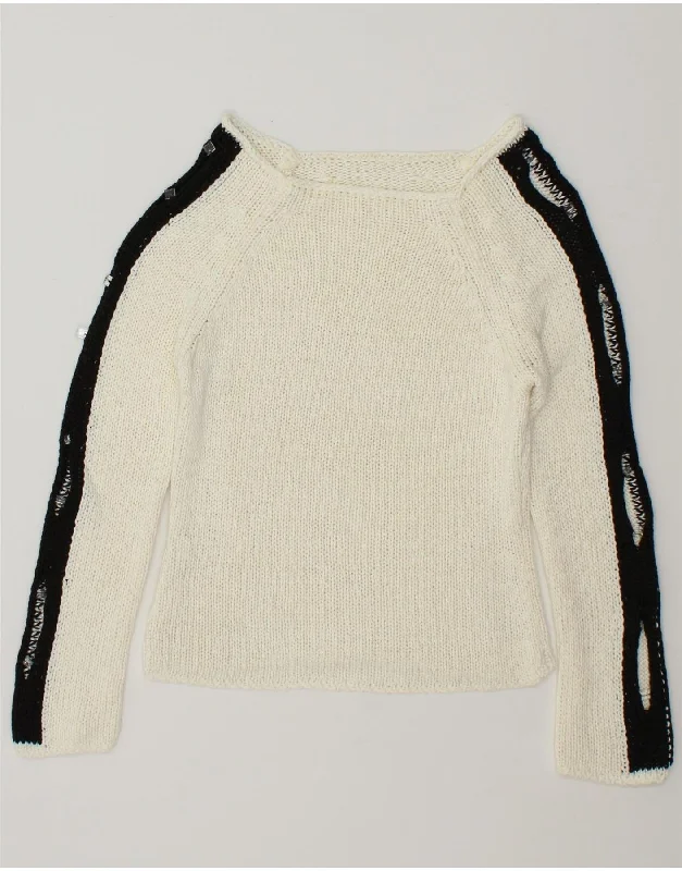 VINTAGE Womens Boat Neck Jumper Sweater UK 10 Small White Colourblock Terry Blend Velvet Blend Canvas Blend VINTAGE Womens Boat Neck Jumper Sweater UK 10 Small White Colourblock Terry Blend Velvet Blend Canvas Blend