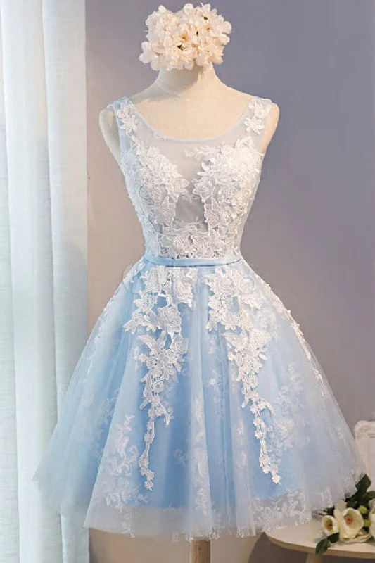 Light Blue Tulle Lace Applique Short Homecoming Dresses with Straps Tunics Bestseller popular