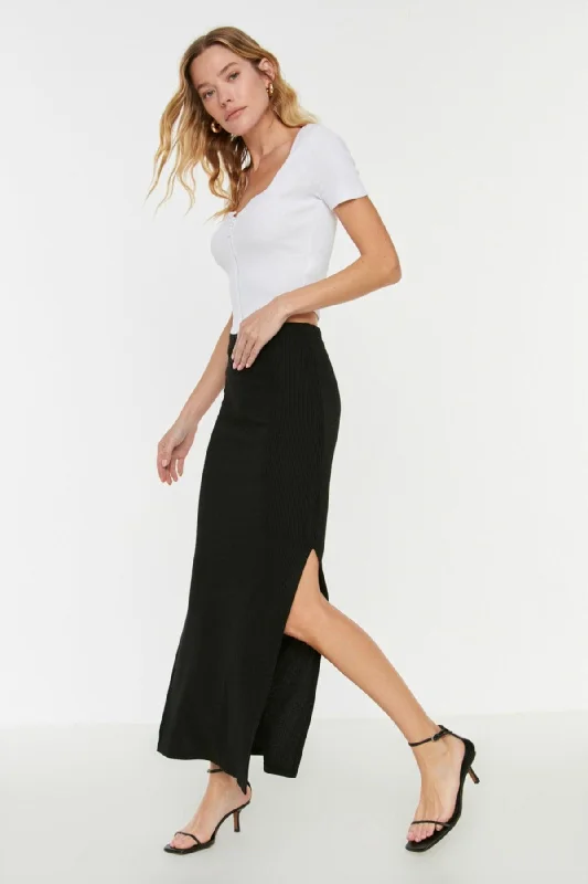 Black Slit Detailed Fitted High Waist Ribbed Flexible Maxi Knitted Skirt TWOSS22ET0449 lace skirt delicate