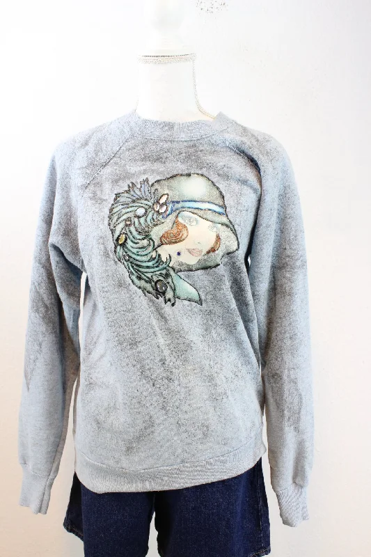 Vintage Lady Sweatshirt (L) Hoodie with Illustration Artistic Creative