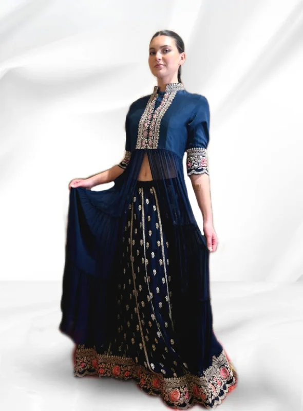 Blue Georgette Anarkali Jacket with Lehenga - Rent Satin Jacket Silk Jacket Chiffon Jacket