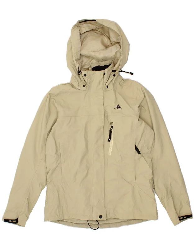 ADIDAS Womens Hooded Rain Jacket UK 14 Medium  Beige Polyamide One-Shoulder Jacket Off-the-Shoulder Jacket Asymmetrical Jacket