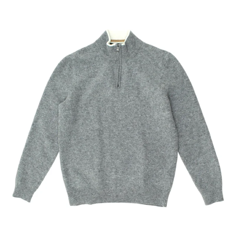 Hugo Boss Womens Grey Quarter Zip Knit Jumper | Vintage Designer Sweater VTG Long Sweater Short Sweater Cropped Sweater Hugo Boss Womens Grey Quarter Zip Knit Jumper | Vintage Designer Sweater VTG Long Sweater Short Sweater Cropped Sweater