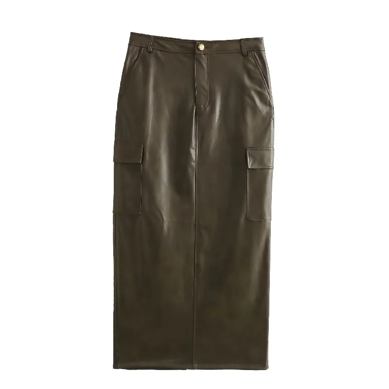 Brown Faux Leather High Waist Slit Cargo Midi Skirt lace skirt feminine