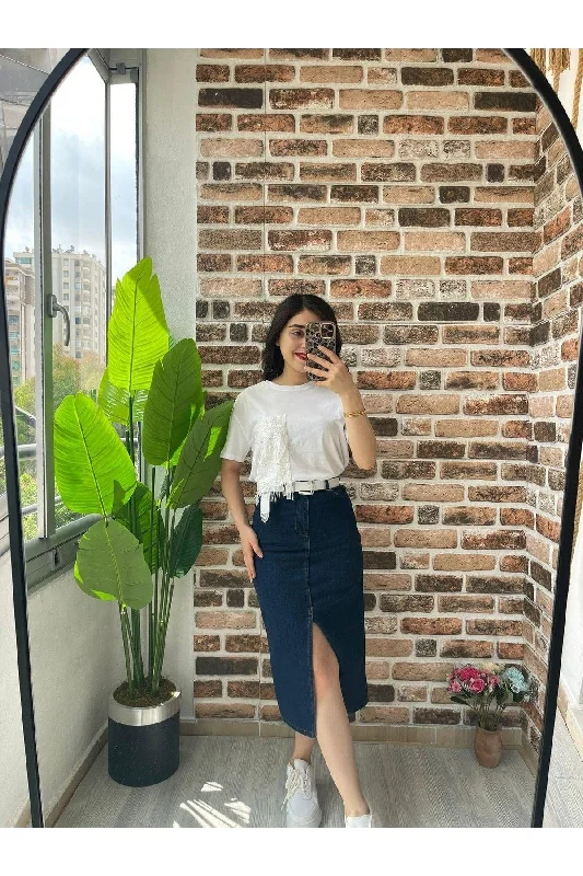 High Waist Slit Blue Midi Skirt belted skirt waist