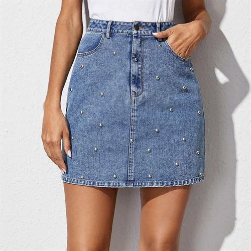 Inshigh Waist Denim Fashion Beads Packet Buttock Women Skirts leather skirt bold