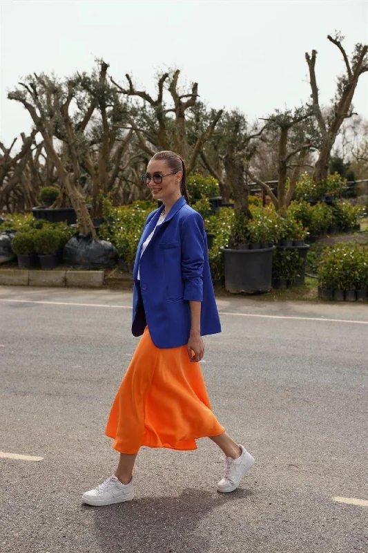 Neon Orange Satin Skirt With Elastic Waist patchwork skirt art