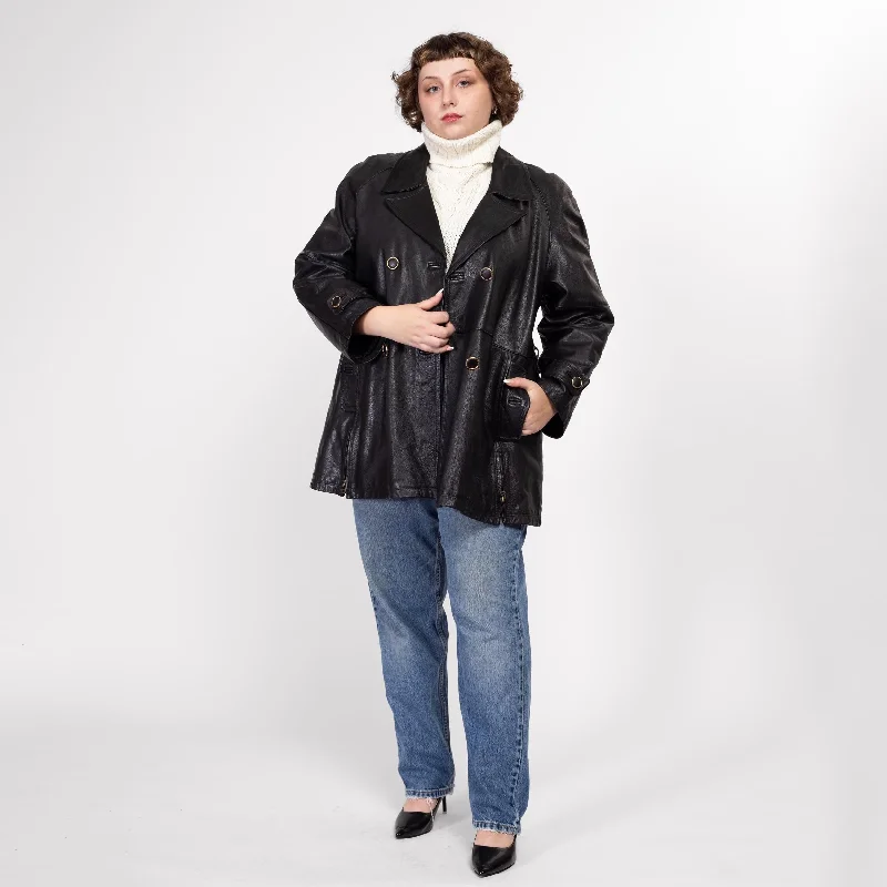 Large 70s Black Leather Double Breasted Jacket Bomber Jacket Anorak Windbreaker