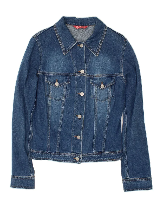 LIU JO Womens Denim Jacket UK 14 Large Blue Cotton Toggled Jacket Drawstring Jacket Belted Jacket