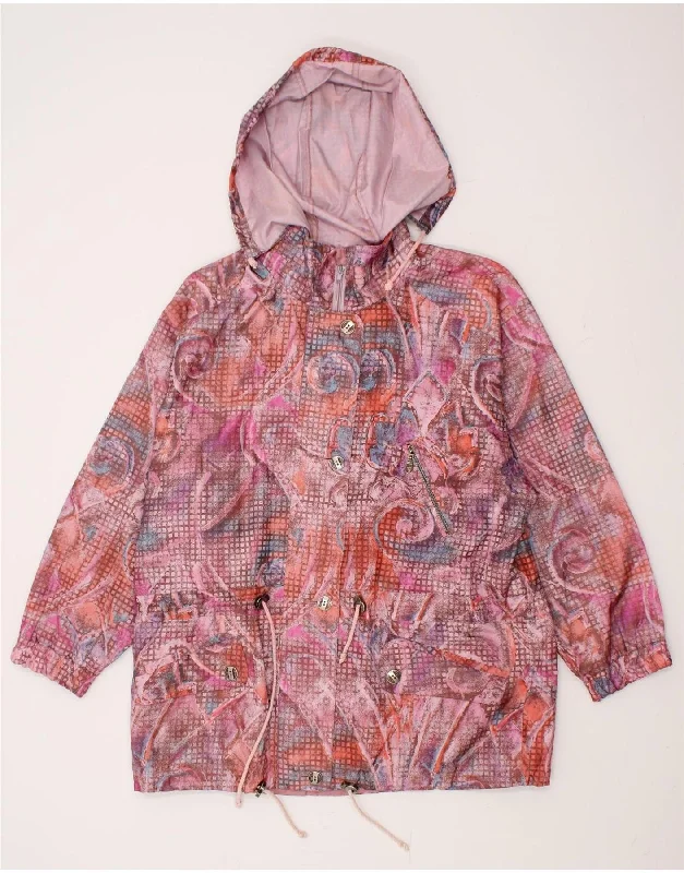 VINTAGE Womens Hooded Rain Jacket EU 42 Large Pink Floral Polyester Appliqued Jacket Beaded Jacket Sequined Jacket