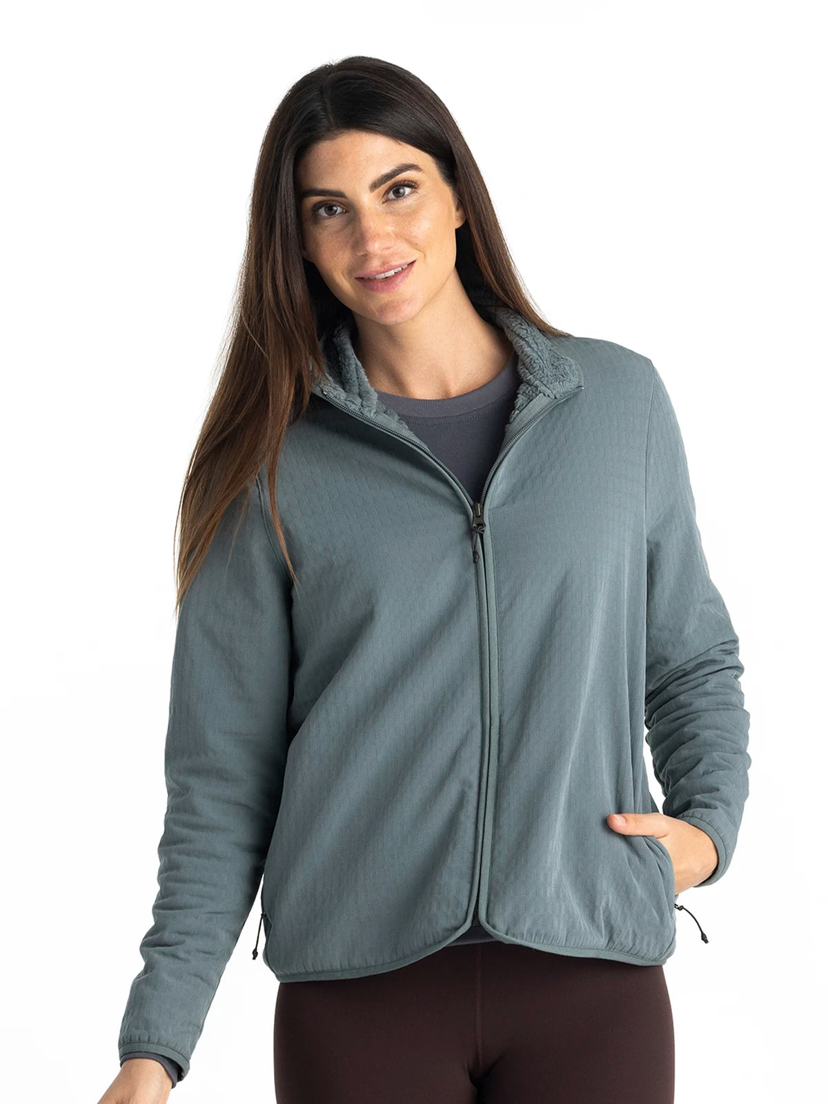 Women's Gridback Fleece Jacket - Stormy Sea Collared Jacket Crew Neck Jacket Turtle Neck Jacket