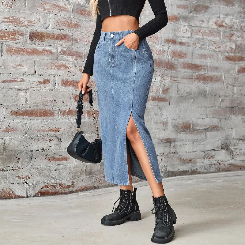 Washed Elastic High Waist Denim A-line Split Maxi Skirt linen skirt light