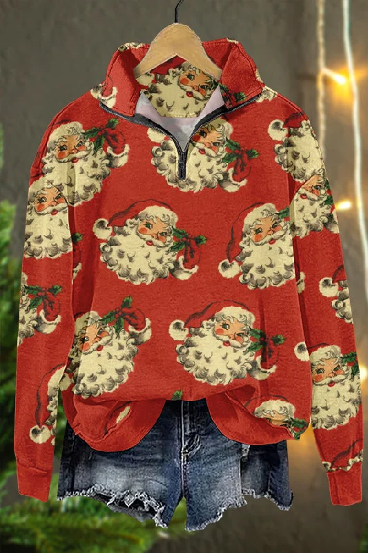 Retro Christmas Santa Claus Print Sweatshirt Hoodie with Pocket Utility Practical