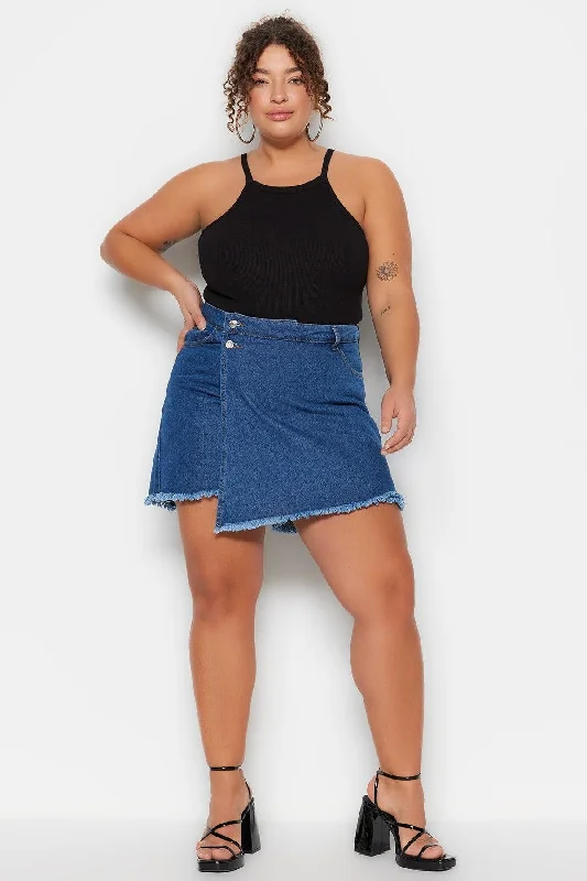 Dark Blue High Waist Skirt Tasseled Short Skirt TBBSS23AP00008 velvet skirt plush