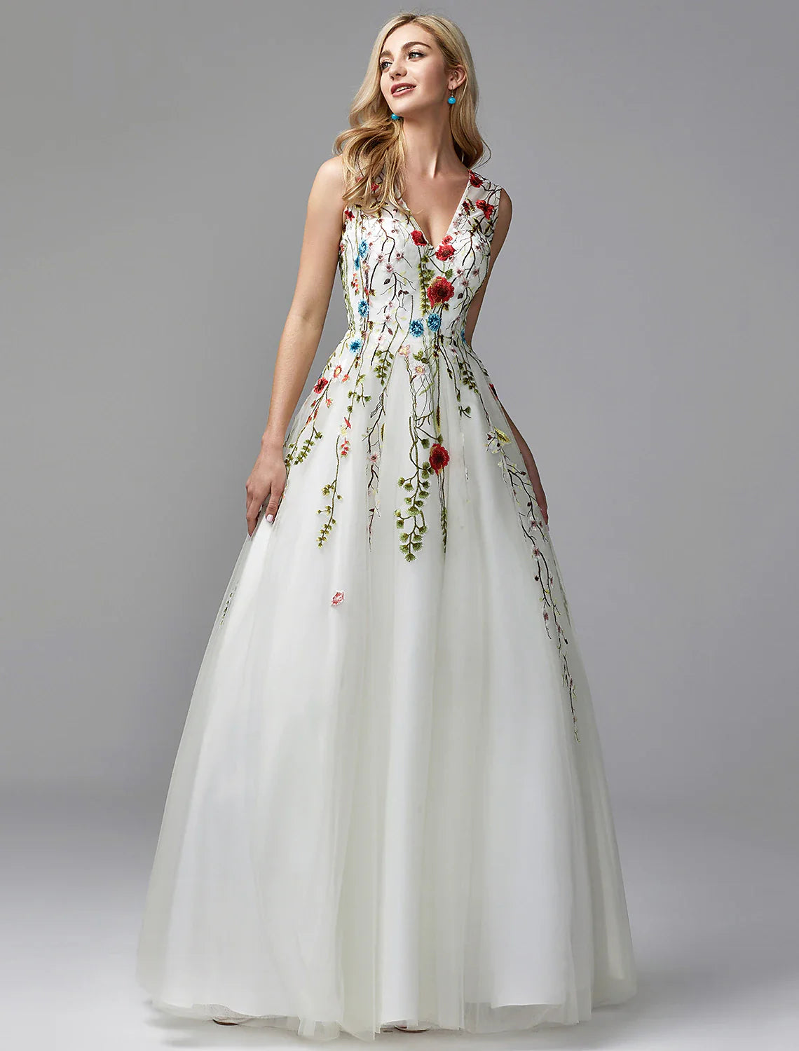 A-Line Special Occasion Dresses Floral Dress Wedding Guest Homecoming Floor Length Sleeveless V Neck Lace with Embroidery Appliques A-Line Day Work