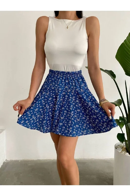 Flower Patterned Blue Short Skirt athletic skirt fit