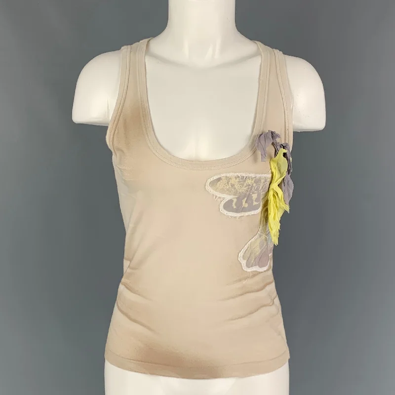 PRADA Size S Beige Grey Cotton Applique Tank Casual Top bright tank top