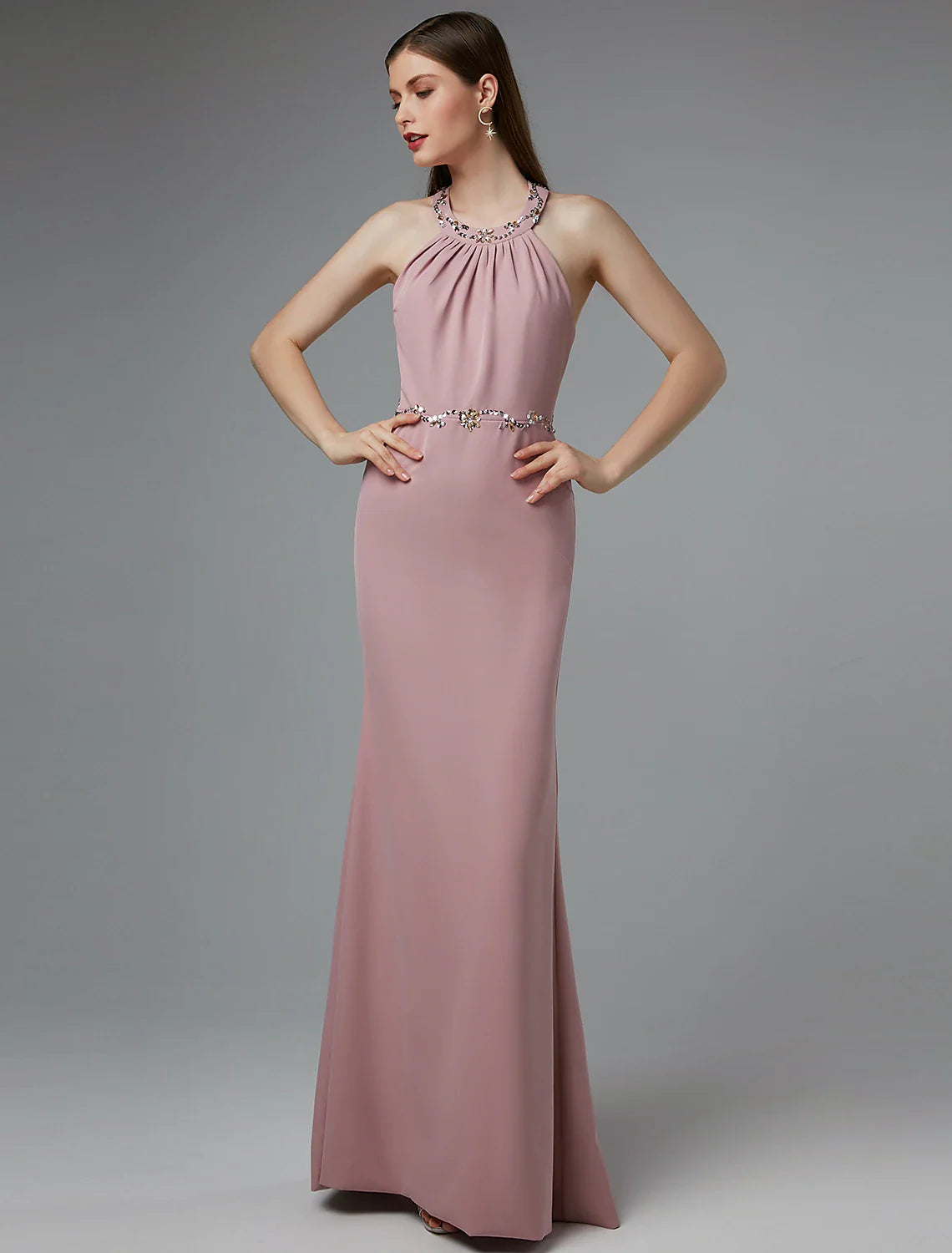 Sheath / Column Beautiful Back Dress Wedding Guest Prom Floor Length Sleeveless Halter Neck Spandex Crisscross Back with Beading Tunics Cozy soft Sheath / Column Beautiful Back Dress Wedding Guest Prom Floor Length Sleeveless Halter Neck Spandex Crisscross Back with Beading Tunics Cozy soft