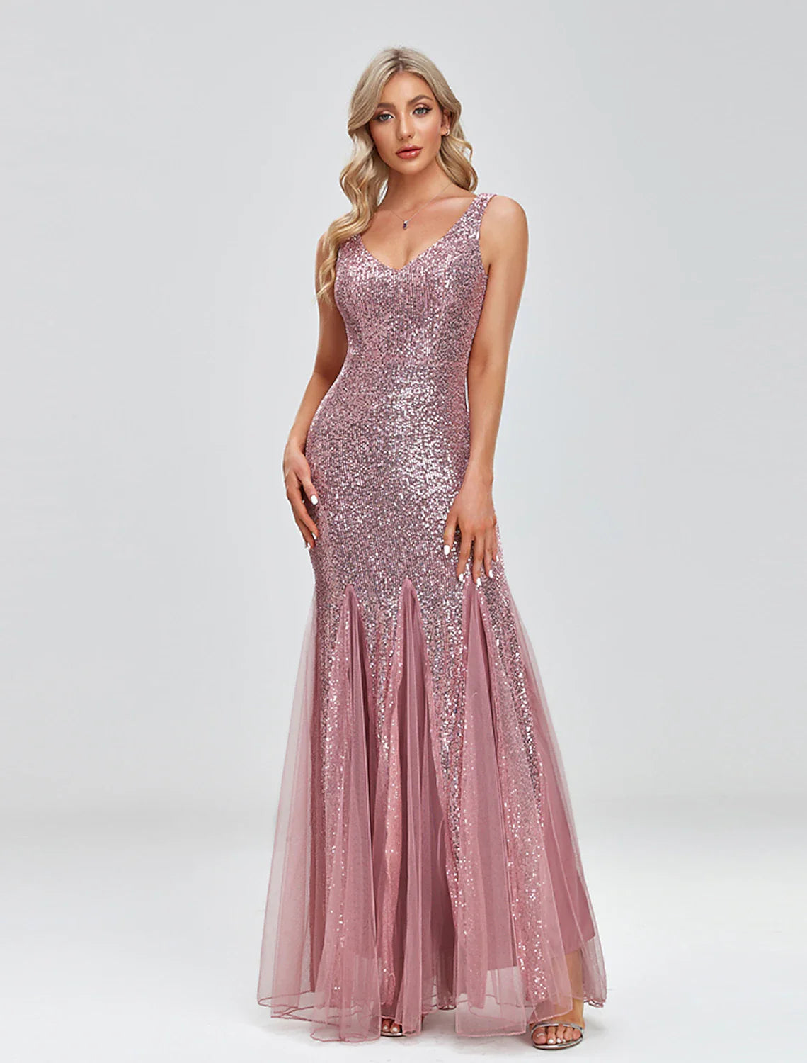 Mermaid / Trumpet Evening Gown Sparkle Dress Wedding Guest Formal Evening Floor Length Sleeveless V Neck Tulle V Back with Sequin Splicing Tunics Luxurious high-end Mermaid / Trumpet Evening Gown Sparkle Dress Wedding Guest Formal Evening Floor Length Sleeveless V Neck Tulle V Back with Sequin Splicing Tunics Luxurious high-end