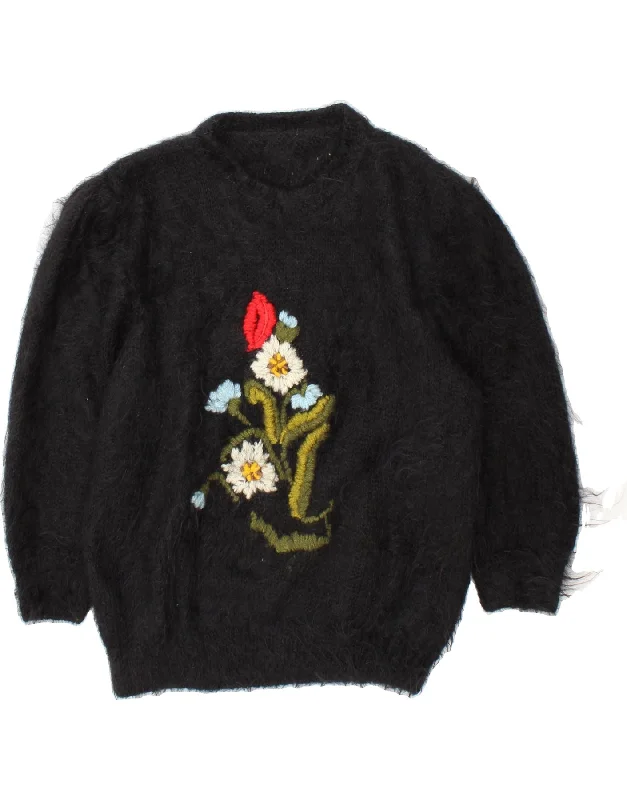 VINTAGE Womens Boat Neck Jumper Sweater UK 18 XL Black Floral Open Front Closed Front Wrap Front VINTAGE Womens Boat Neck Jumper Sweater UK 18 XL Black Floral Open Front Closed Front Wrap Front