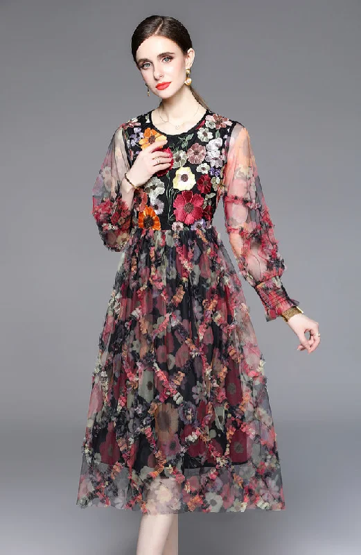 Women's Vintage  Embroidery Long Sleeve Round Neck Dress Tunics Fashionable trendy