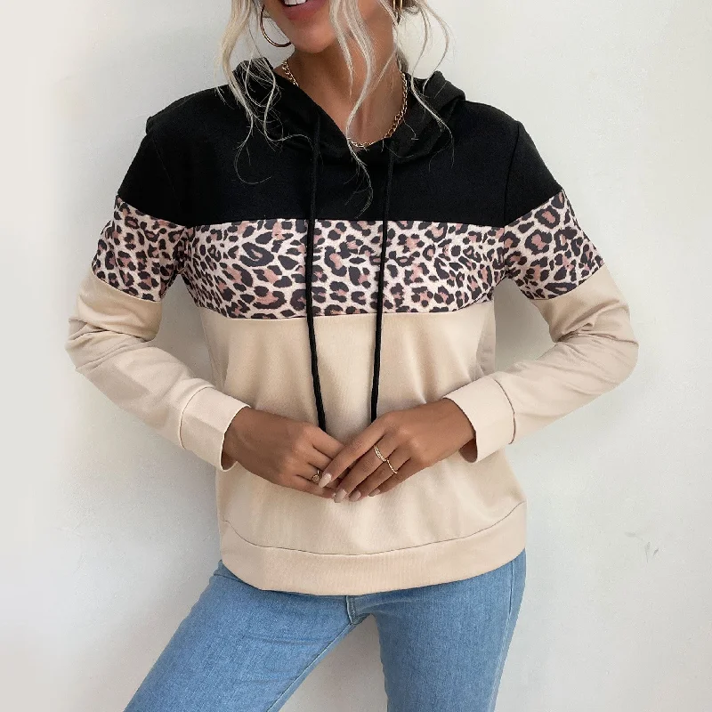 IKEARLAX Cross-border Popular trade popular autumn 2025 contrasting color hoodie women's  retro leopard print splicing hooded sweater Hoodie with Cropped Fit Short Trendy