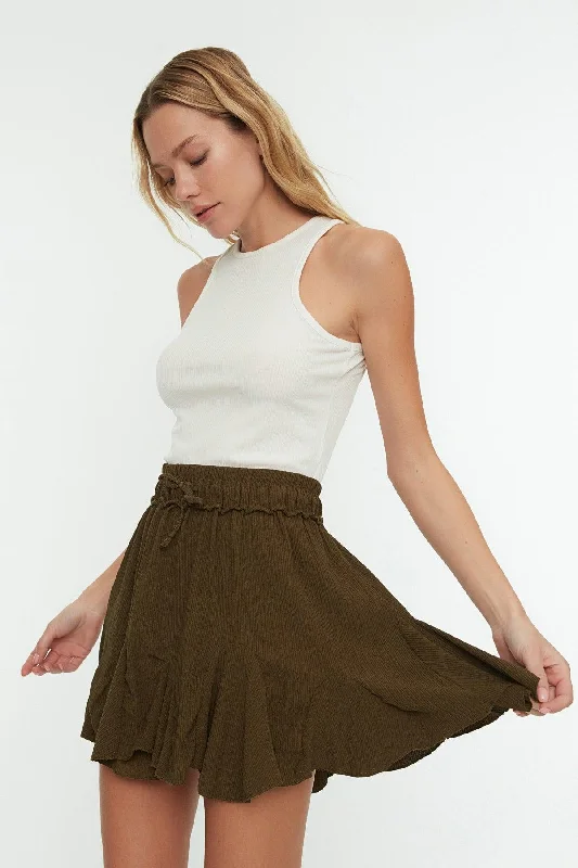 Khaki Skirt Frilly Normal Waist Crepe Mini Knitted Skirt TWOSS21ET0056 chiffon skirt flowing