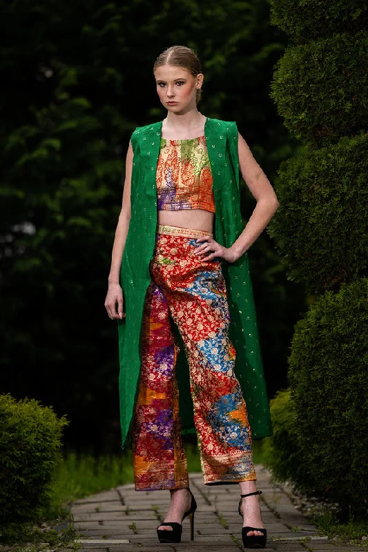 Elegant Multicolored  crop Top and Pant with Green jacket - Rent Faux Fur Fabric Real Fur Fabric Shearling Fabric