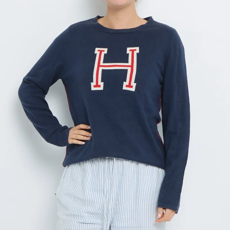 Tommy Hilfiger Letter  Crewneck Sweater - UK 12 Zippered Buttoned Snapped