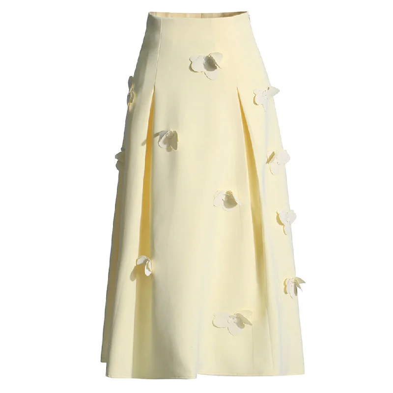 Pretty 3D Petal Applique High Waist Pleated Trim A Line Midi Skirt chiffon skirt lightweight