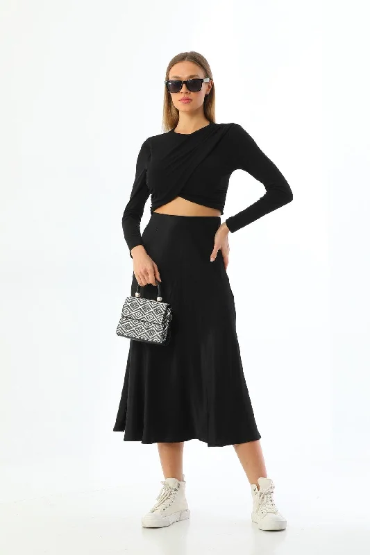 Black Viscose Satin Midi Skirt leather skirt sleek
