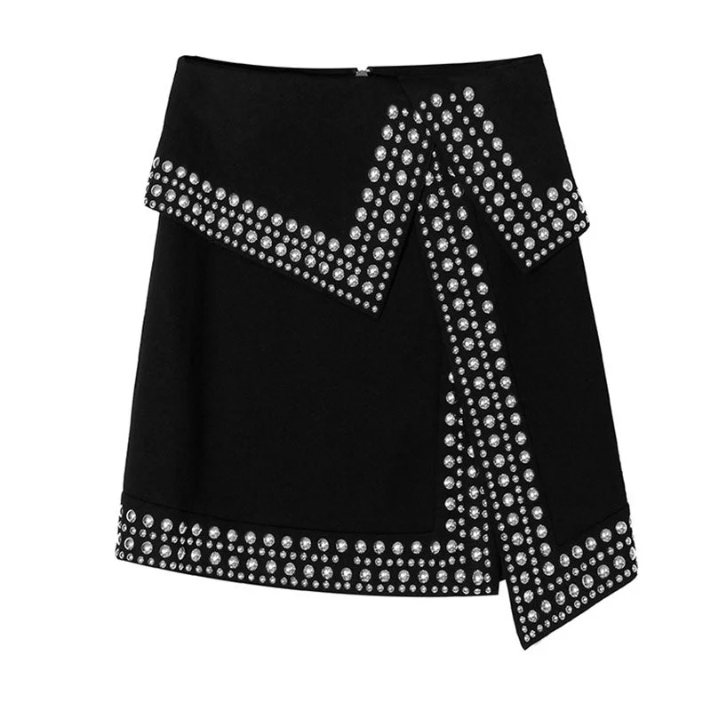 Eccentric Contrast Studded Edge Fold Over High Waist Split A Line Mini Skirt denim skirt stylish