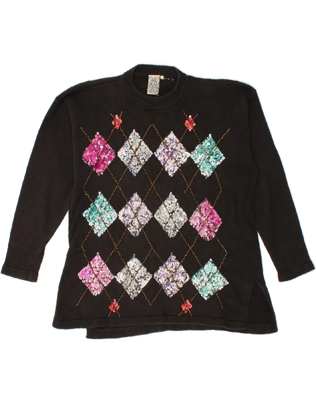 VINTAGE Womens Crew Neck Jumper Sweater UK 16 Large Black Argyle/Diamond Thin Thick Dense VINTAGE Womens Crew Neck Jumper Sweater UK 16 Large Black Argyle/Diamond Thin Thick Dense