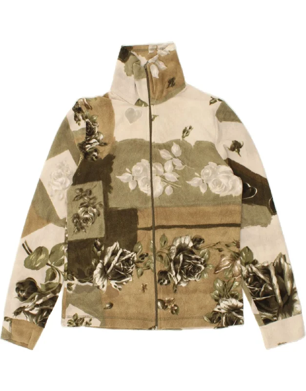 VINTAGE Womens Fleece Jacket IT 46 Large Khaki Floral Polyester Denim Jacket Leather Jacket Suede Jacket VINTAGE Womens Fleece Jacket IT 46 Large Khaki Floral Polyester Denim Jacket Leather Jacket Suede Jacket
