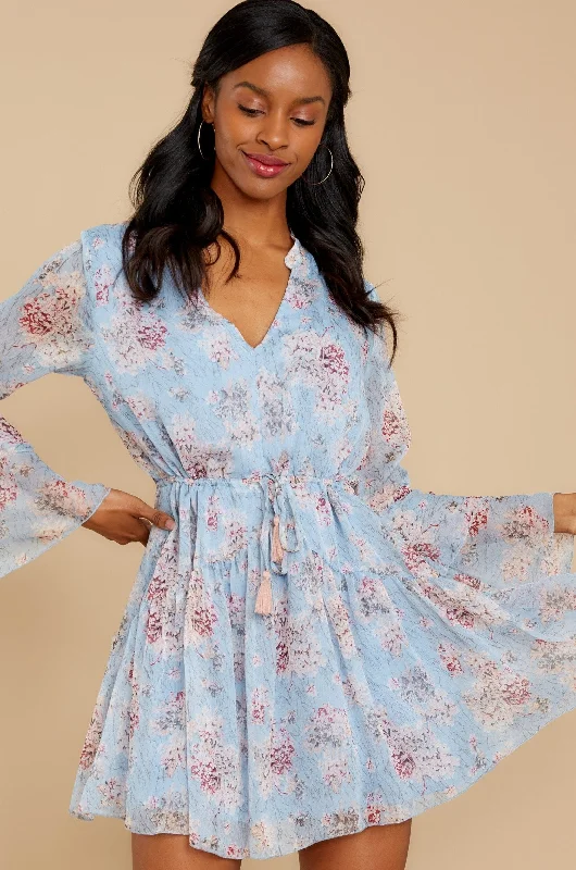 Sincerely Me Light Blue Floral Print Dress Tunics Chic fashionable