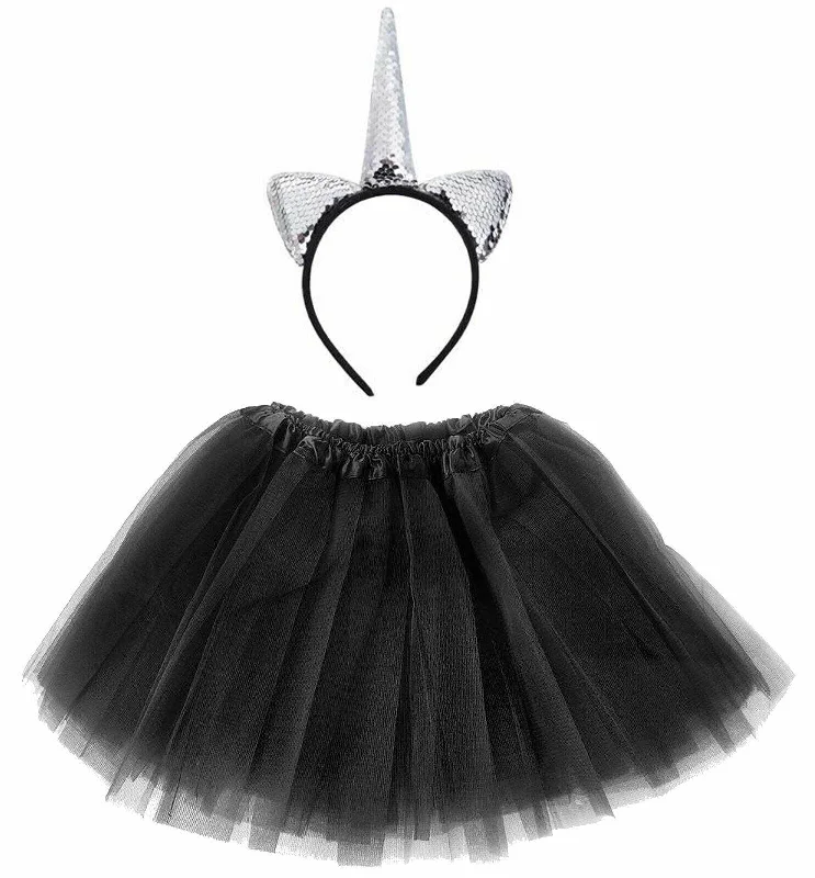 Ladies 3 Layer Tutu Skirt with Silver Sequin Unicorn headband Halloween Zombie C lace skirt romantic