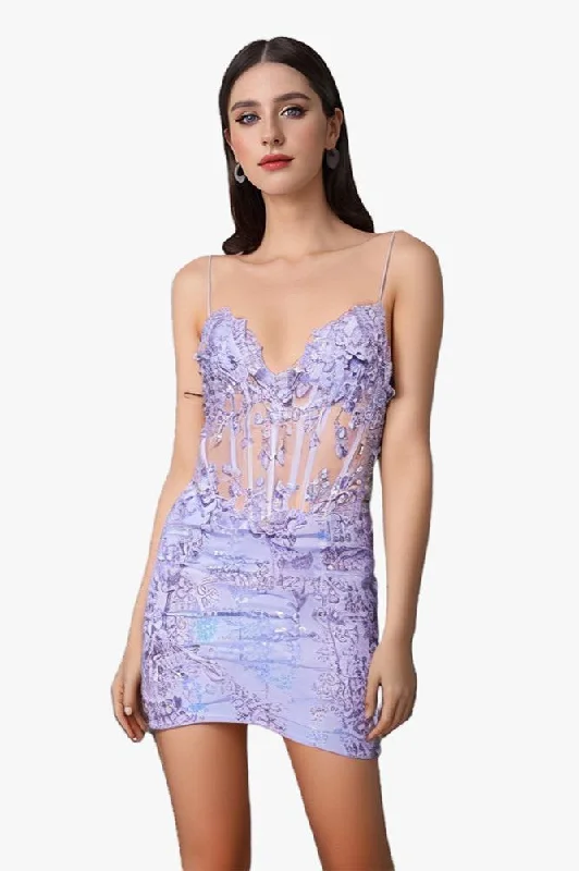 Lilac V-neck See-through Spaghetti Straps Homecoming Dresses Casual Short Summer