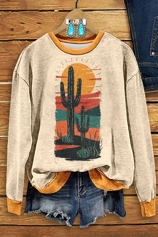 Western Cactus Contrast Print Sweatshirt Hoodie with Side Slits Relaxed Casual