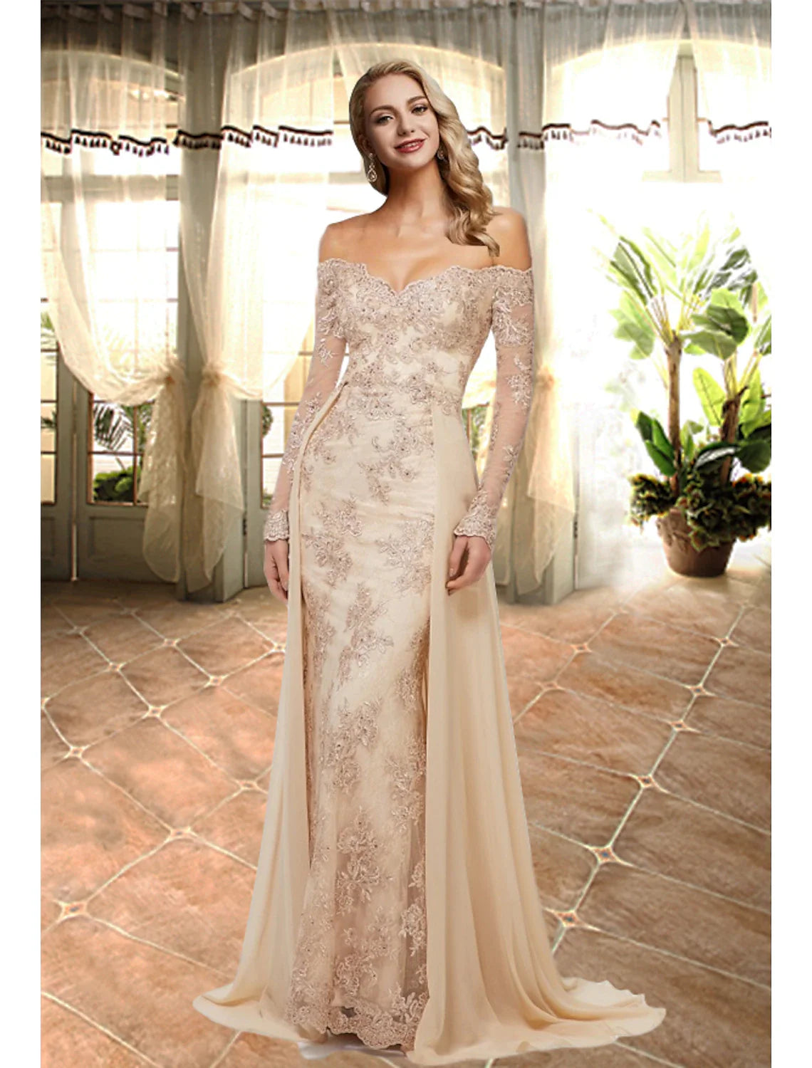 A-Line Appliques Prom Dress Long Off Shoulder Luxurious Elegant Engagement Formal Evening Gown Sweetheart Neckline Long Sleeve Sweep / Brush Train Lace with Overskirt Tunics Fashionable trendy A-Line Appliques Prom Dress Long Off Shoulder Luxurious Elegant Engagement Formal Evening Gown Sweetheart Neckline Long Sleeve Sweep / Brush Train Lace with Overskirt Tunics Fashionable trendy