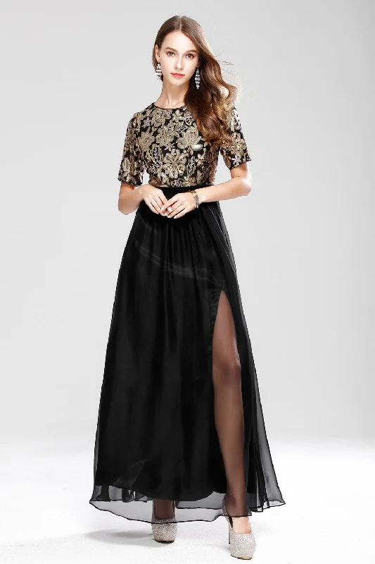 SHORT SLEEVE SEQUIN EMBROIDERY FORMAL DRESS - M/L in Clearance Tunics Print Colorful