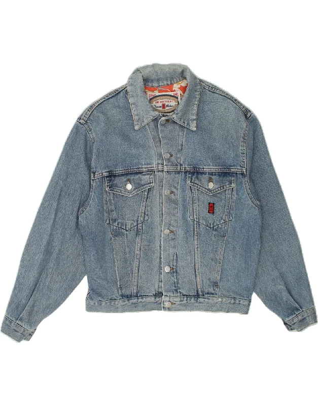 UNIFORM Womens Graphic Denim Jacket UK 16 Large Blue Cotton Chenille Fabric Brocade Fabric Lace Fabric UNIFORM Womens Graphic Denim Jacket UK 16 Large Blue Cotton Chenille Fabric Brocade Fabric Lace Fabric