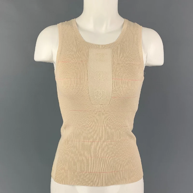 CHANEL R8241 04P Size 6 Beige Cotton Rayon Ribbed Tank Top bold tank top