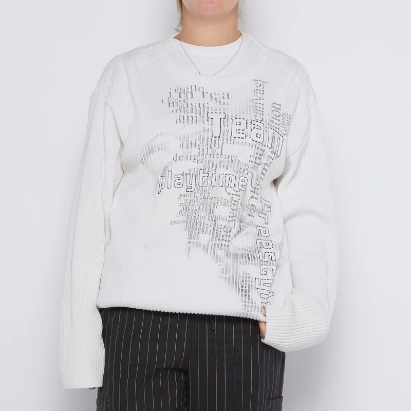 Graphic Ribbed Oversized Sweater - UK 12 Cable Knit Ribbed Knit Lace Knit