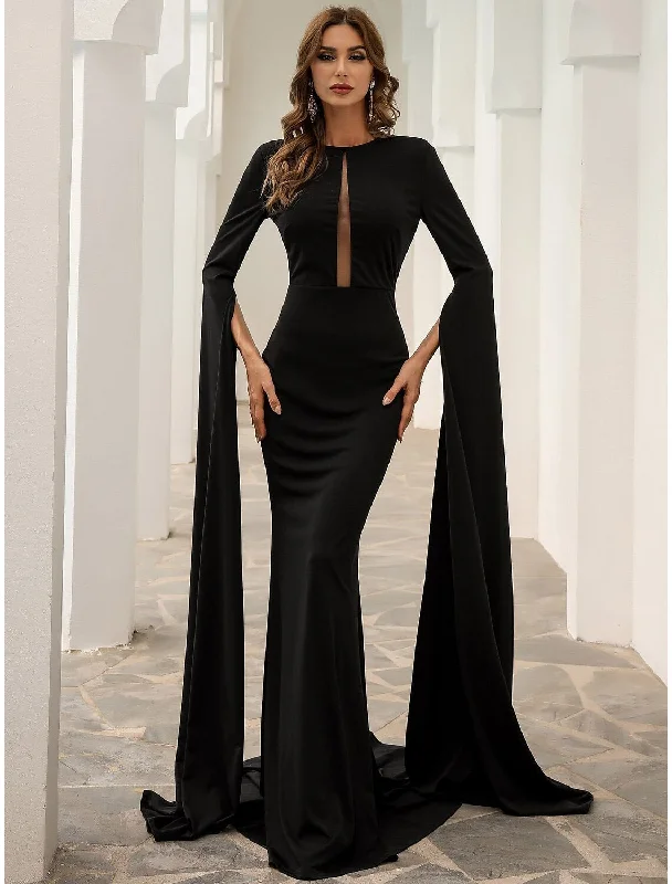 Black Mermaid / Trumpet Evening Gown Elegant Dress Formal Fall Court Train Long Sleeve Jewel Neck Stretch Fabric with Pleats Tunics Summer linen