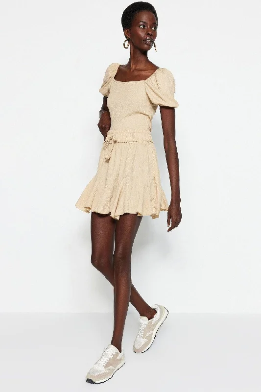 Beige Skirt Frilled Normal Waist Crepe Mini Knitted Skirt TWOSS21ET0056 wool skirt warm