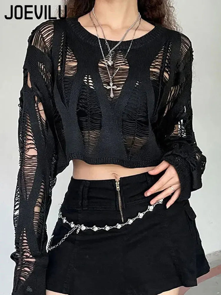 Perforated Hollow Out Knitted Blouse Sunscreen Long Sleeve Top Gothic Dark Black Sexy Thin Sweater Women's Summer Chic Crop Tops Chenille Brocade Lace Perforated Hollow Out Knitted Blouse Sunscreen Long Sleeve Top Gothic Dark Black Sexy Thin Sweater Women's Summer Chic Crop Tops Chenille Brocade Lace